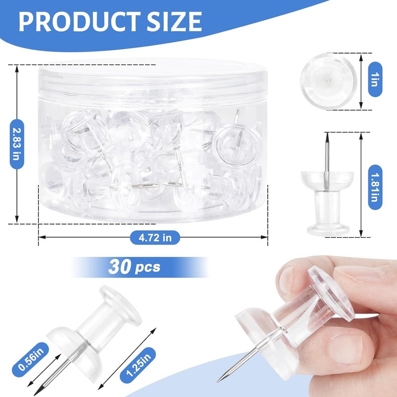 DANRONG 30 PCS Jumbo Push Pins for Bulletin Board, Large Thumb Tacks for Wall, 1.81 Inch, Giant Clear Thumbtacks, Pin Tacks for Cork Board Hanging Maps Photos Posters Calendar, Office School Supplies - Image 2